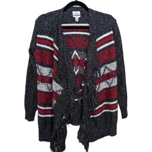 St. John's Bay Winter Fringe Red Gray Open Front Cardigan – Size M ❤️🖤🤍